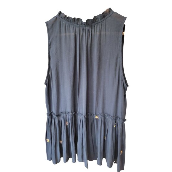 Ann Taylor LOFT Embroidered Sleeveless Top M Navy Blue Ruffle Neck - Picture 2 of 3